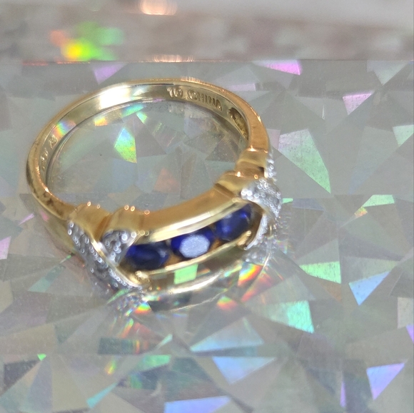 Silver 925 Stamped Ring Gold With Blue Faux Sapphires X Crystals Size 9.5 - Picture 5 of 6